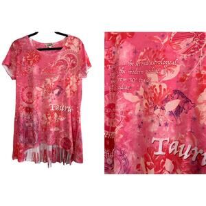 ONE WORLD Taurus Zodiac Astrology Pink Embellished Top Pleated -Sz XL - NWT